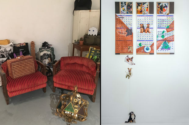  Left: some of the furniture and other items that will be for sale. Right: one of the artworks that will be featured in the accompanying gallery show. 