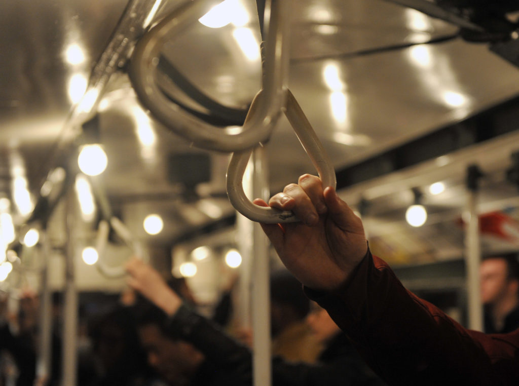 The Nostalgia Shoppers' Special Train runs on Sunday, December 9, 2012 from 2nd Ave., Manhattan to Queens Plaza. The fleet consists of vintage rolling stock that was in service from the 1930s to the 1970s and runs on Sundays through December 30. Straphangers use the porcelain grab handles.