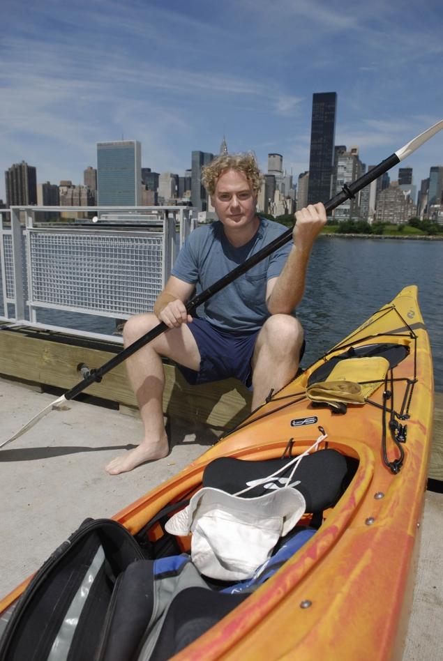 Erik Baard, age 39 from Long Island City plans to Kayak around Long Island in August to raise money for the Alzheimers Foundation. His journey is in horner of his childhood landlord, caretaker, and close friend, Guillermina Fairfield who died of Alzheimers last year.