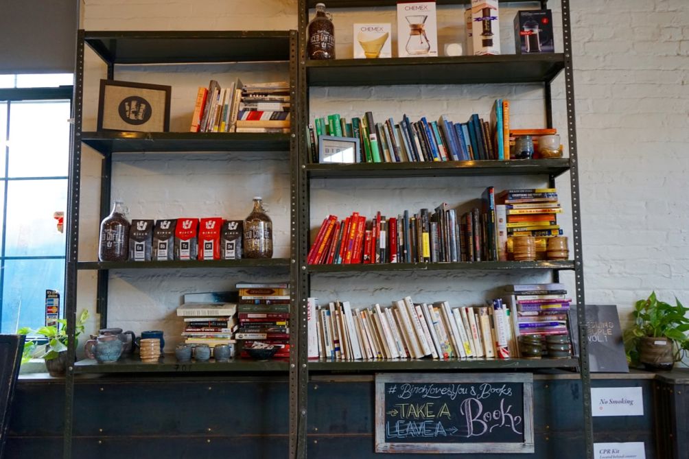 All of Birch's coffeeshops have free libraries, sourced