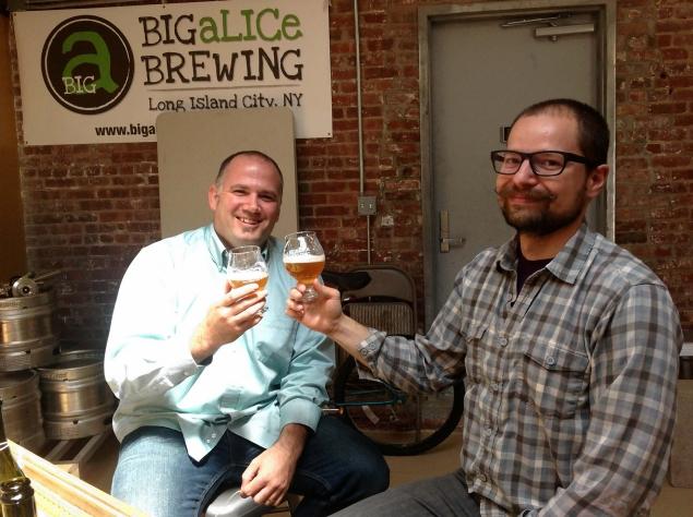 Big aLICe Brewing co-founders Kyle Hurst and Robby Crafton toast in their newly opened tap room in Long Island City.