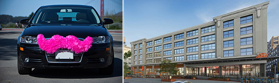 From left: the Lyft mustache and the Falchi building in Long Island City 