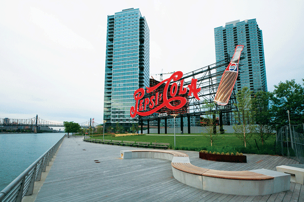 A view of Gantry Plaza with TF Cornerstone’s waterfront buildings then still under construction.  Photo by Will Steacy