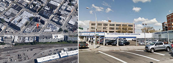 From left: Aerial view of 37-14 36th Street and the site now (Source: Google maps)