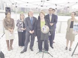 (L. to r.); Maria Torres-Springer, Commissioner, NYC Economic Development Corporation; Debra Markell Kleinert, District Manager; Elizabeth Lusskin, Executive Director, Long Island City Partnership; Councilman Jimmy Van Bramer; Assemblywoman Catherine Nolan; state Senator Michael Gianaris and Leslie Wright, NYC Regional Director, NYS Parks. 