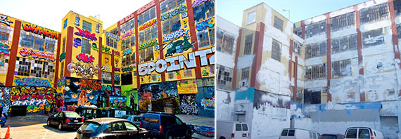 5Pointz before and after the building was whitewashed in November 