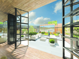 Amenity lounge to courtyard at 44-28 Purves Street (Rendering: FXFOWLE Architects).