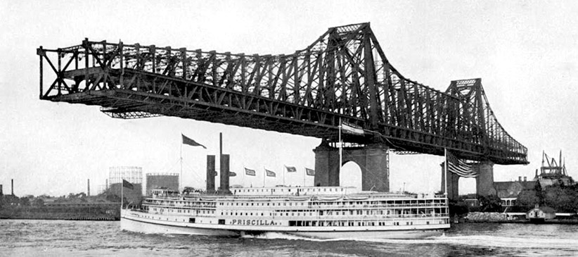 The Queensboro Bridge, which connects Long Island City to Manhattan, under construction in the early 1900s.