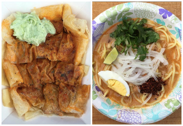  The menu at the new food cart will include Keema Palata, a grilledpalata stuffed with minced chicken, onion and egg andtopped with a cucumber yogurt sauce (left); and Ohno Kaukswe (right), a coconut chicken noodle soup. 